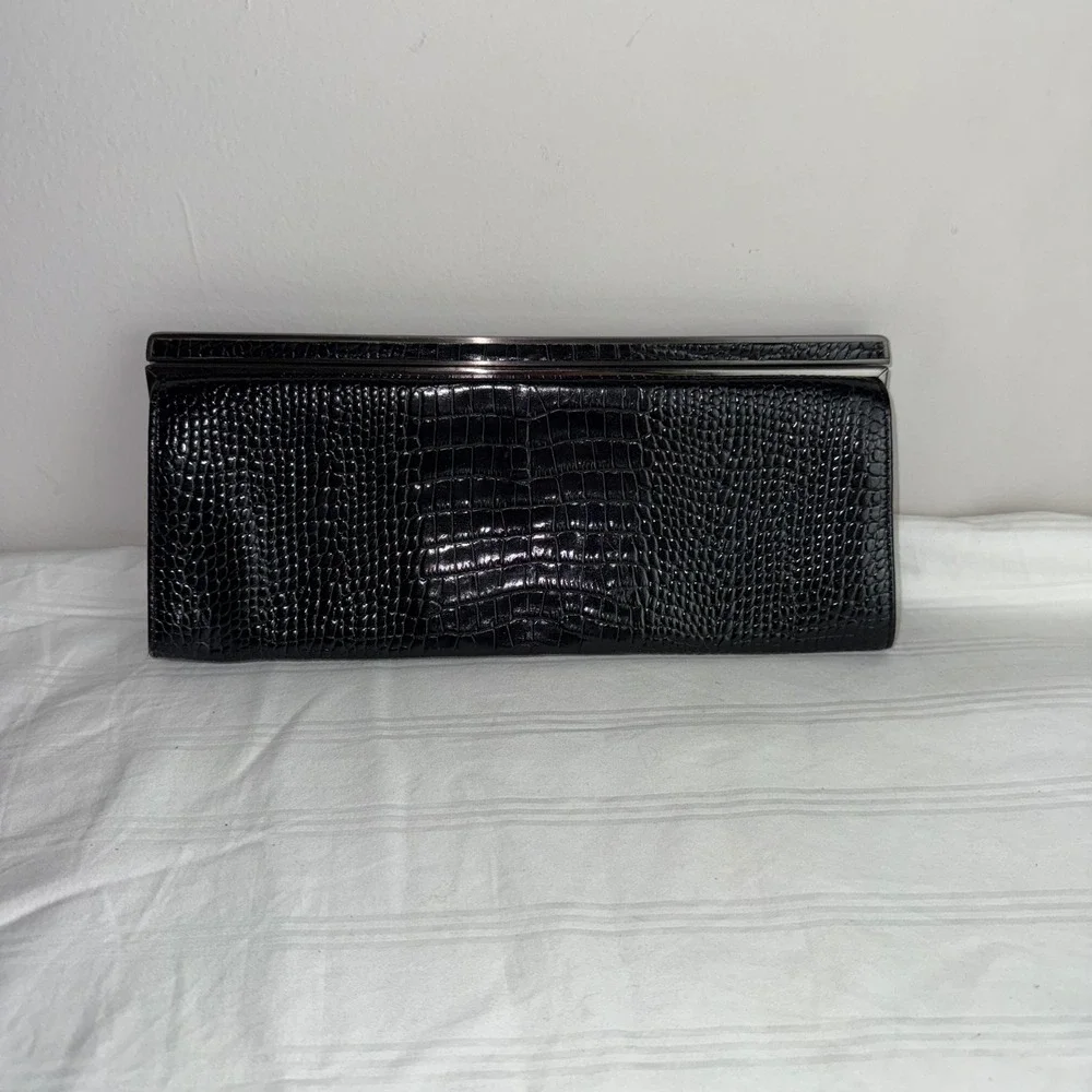 Ann Taylor Black Crocodile Embossed Clutch Evening Bag Purse Party‎ Cocktail